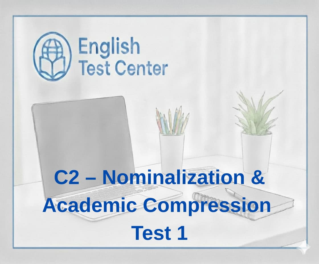 C2 nominalization test, academic compression grammar, information density C2, IELTS Band 9 writing grammar, TOEFL advanced academic English, YDS C2 grammar, nominalization in academic writing
