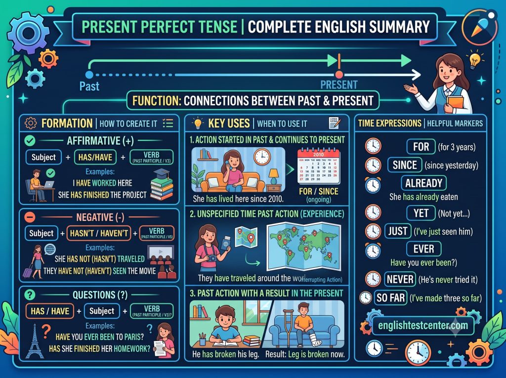 present perfect tense, have and has grammar, present perfect vs simple past, english grammar lessons, since and for, english test center