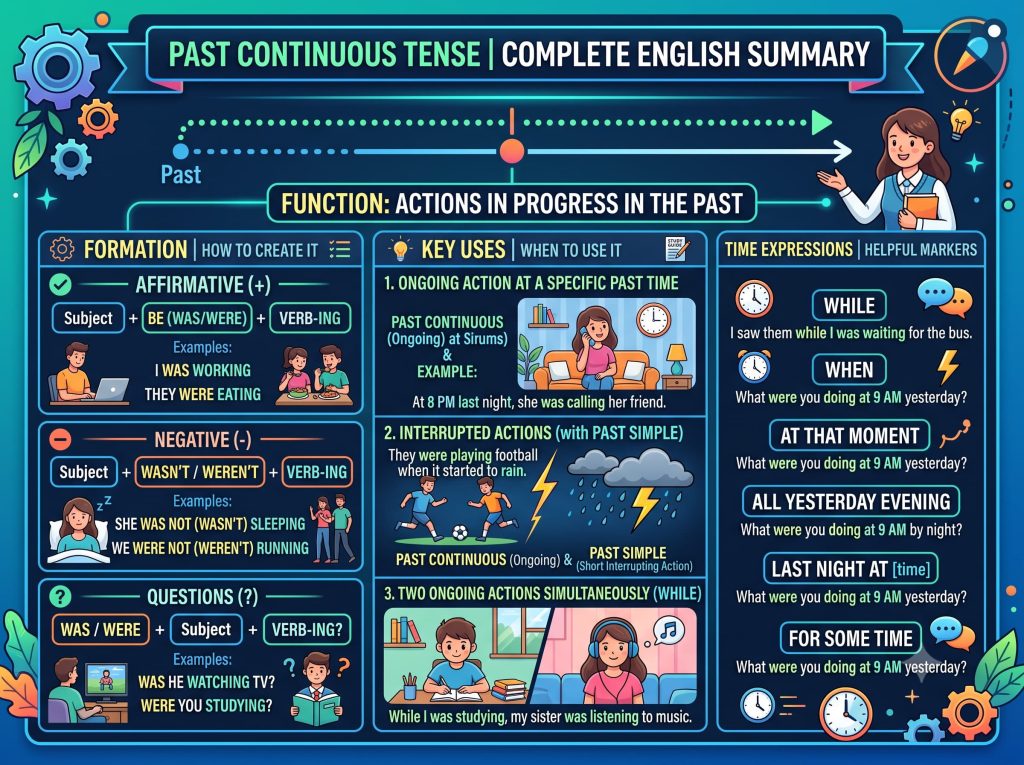 Master the Past Continuous tense! Learn how to describe past actions in progress, understand interrupted actions, and use 'when' and 'while' correctly.